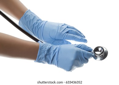 Doctors Hands With Blue Latex Gloves And Stethascope  Isolated On White Background 