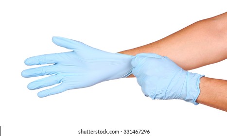 Doctors Hands Putting In Nitrile Exam Blue Latex Gloves Isolated On White Background