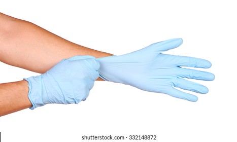 Doctors Hands Putting In Nitrile Exam Blue Latex Gloves Isolated On White Background