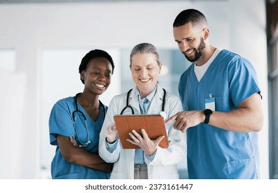 Doctors, healthcare and teamwork on tablet for online results, mentor advice and research support in clinic. Medical nurse, students or people on digital tech, hospital software or team collaboration - Powered by Shutterstock