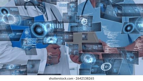 Doctors in lab coat and scrubs reviewing holographic panels in corridor, with tablet and folder. Medical, innovation, futuristic, technology, collaboration, healthcare, diagnostic