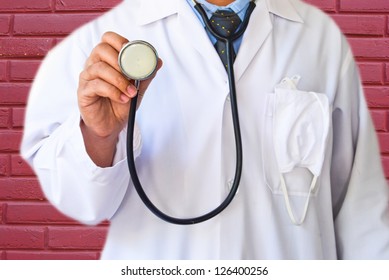 Doctors Lab White Coat With Brick Wall Texture