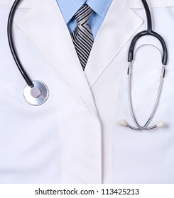 Doctors Lab White Coat With Stethoscope. Close Up