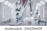 Doctors are in a laboratory with microscopes, distillation equipment, and other laboratory equipment. Digital interface, showing data analysis, technology, or AI in medical research.