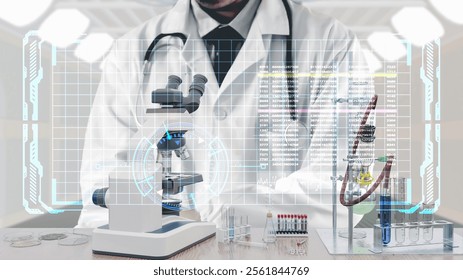 Doctors are in a laboratory with microscopes, distillation equipment, and other laboratory equipment. Digital interface, showing data analysis, technology, or AI in medical research.