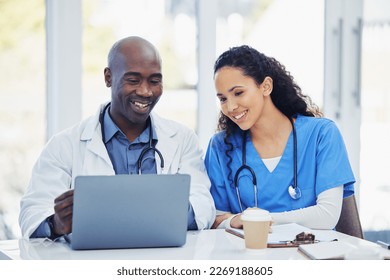 Doctors, laptop and team at a hospital for planning, internet and search, teamwork and innovation. Healthcare, people and medical research, collaboration and creative problem solving for online app - Shutterstock ID 2269188605