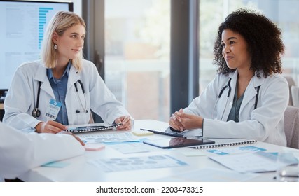 Doctors Leadership Meeting Discussion For Finance Report, Medical Analytics Or Hospital Planning With Document Paperwork. Women Or People In Healthcare Communication On Financial Chart And Technology