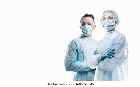 doctors man and woman on a white background in medical masks on the face - Powered by Shutterstock