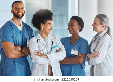 Doctors Medical Healthcare And Happy Team At Work With Smile For Medicine Portrait, Diversity Or Teamwork In Clinic. Trust, Collaboration Or Insurance Working With Nurse, Worker Or Hospital Employees