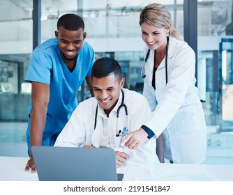 Doctors, Medical Professionals Or Healthcare Workers With Laptop Talking, Meeting Or Planning Medicine Treatment. Diverse Group Of Happy Clinic Frontline Colleagues Researching Virus Cure In