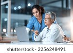 Doctors, nurse or laptop in night healthcare, planning research or surgery teamwork in wellness hospital. Talking, thinking or medical women on technology for collaboration help or life insurance app
