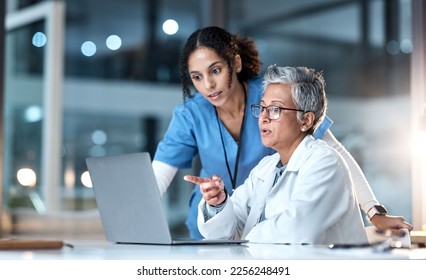 Doctors, nurse or laptop in night healthcare, planning research or surgery teamwork in wellness hospital. Talking, thinking or medical women on technology for collaboration help or life insurance app - Shutterstock ID 2256248491