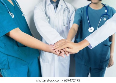 Doctors And Nurses Coordinate Hands. Concept Teamwork, Happy Doctors Working Together As Team For Motivation, Success Medical Health Care ,blue Tone Color