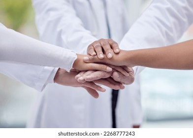 Doctors, nurses or hands stack in hospital motivation, team building or medical mission for goals, community or support. Zoom, women or healthcare diversity in teamwork circle or collaboration huddle - Powered by Shutterstock