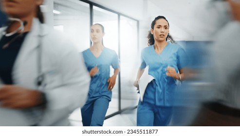 Doctors, nurses or running in hospital emergency, patient crisis or pager call in ICU stress, trauma fail or diversity clinic. Healthcare women, rushing or run in medical hallway to code blue problem - Powered by Shutterstock