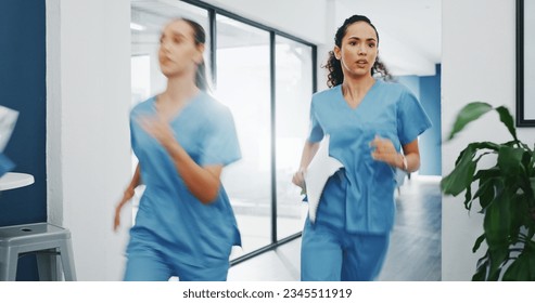 Doctors, nurses or running in hospital emergency, patient crisis or pager call in ICU stress, trauma fail or diversity clinic. Healthcare women, rushing or run in medical hallway to code blue problem - Powered by Shutterstock