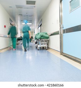 Doctors And Nurses Walking In Hospital Hallway, Blurred Motion. 