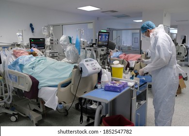 Doctors in the protective suits and masks at the intensive care unit for patients suffering from the coronavirus disease COVID-19 in Thoracic Diseases Hospital of Athens in Greece on November 8, 2020