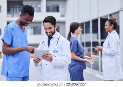 Doctors, research or team building on tablet outdoor for collaboration, networking or medicine search. Happy, medical or group of nurse smile on tech for strategy, communication or test data review - Powered by Shutterstock