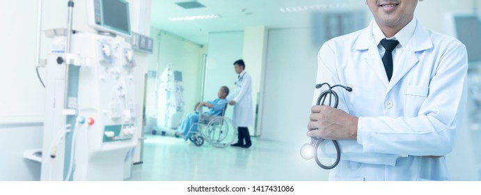 Doctors and sick people With advanced dialysis equipment in the hospital background for business Healthcare and medical concept  Medicine doctor with stethoscope in hand and Patients come to the hospi - Powered by Shutterstock