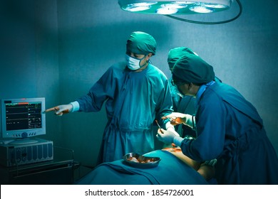 Doctors Or Surgery Assistance Team Help Or Cure Or Treat A Patient In Operating Room, Emergency Operate In Hospital With Pulse Meter