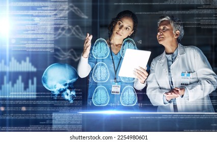 Doctors, tablet and futuristic brain in head mri, cancer xray or mental health neurology in night hospital analytics. Abstract hologram, technology and thinking organ in healthcare teamwork for women