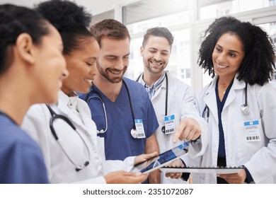 Doctors, tablet and meeting in team discussion on x ray, MRI or brain scan in surgery planning at hospital. Group of happy medical or healthcare professionals with technology in teamwork at clinic - Powered by Shutterstock