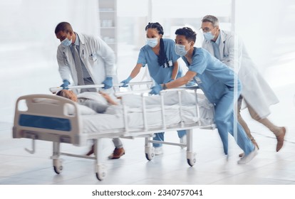 Doctors, team and hurry with bed in hospital for medical emergency, surgery operation and first aid help. Healthcare group running fast in rush, motion blur and urgent patient assessment in clinic - Powered by Shutterstock