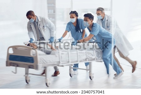 Doctors, team and hurry with bed in hospital for medical emergency, surgery operation and first aid help. Healthcare group running fast in rush, motion blur and urgent patient assessment in clinic