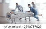 Doctors, team and rush with bed in hospital for healthcare emergency, surgery operation and first aid help. Medical group running fast with motion blur for patient urgent service assessment in clinic