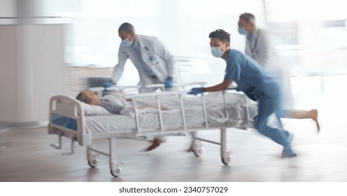Doctors, team and rush with bed in hospital for healthcare emergency, surgery operation and first aid help. Medical group running fast with motion blur for patient urgent service assessment in clinic