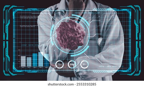 Doctors use advanced augmented reality technology to perform a digital virus test, demonstrating innovations in virtual medical diagnosis and care. The interface reflects data analysis and health.
