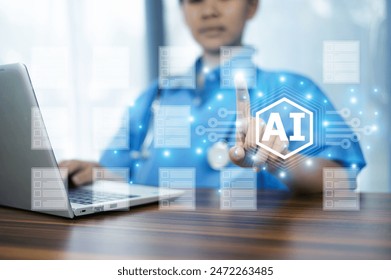 Doctors use AI technology to preserve and organize patient treatment data under the control of intelligent AI systems,cutting edge systems now and into the future.Medical Data Organization management. - Powered by Shutterstock