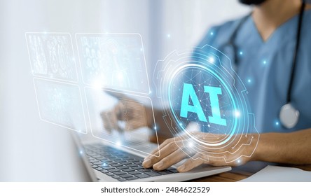 Doctors use AI technology to preserve and organize patient treatment data under the control of intelligent AI systems, cutting edge systems now and into the future. Medical Data Organization managent. - Powered by Shutterstock