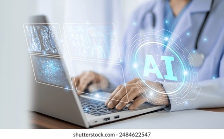 Doctors use AI technology to preserve and organize patient treatment data under the control of intelligent AI systems, cutting edge systems now and into the future. Medical Data Organization managent. - Powered by Shutterstock