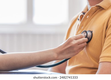 Doctors use stethoscope to listen patient heartbeat to find faults in heart disease. Doctors use stethoscope to listen patient heart rate to gather information diagnose disease and provide treatment.