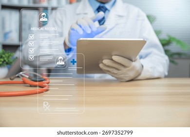 Doctors use tablets to update electronic medical records, a modern healthcare concept, telemedicine, digital data management and online patient services.