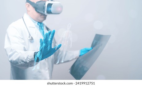 Doctors wearing VR headsets themselves in a surgical simulation, visualizing organs and honing their skills through realistic procedures for enhanced medical training. In home care - Powered by Shutterstock