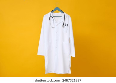 A doctor's white coat with a stethoscope on a yellow background