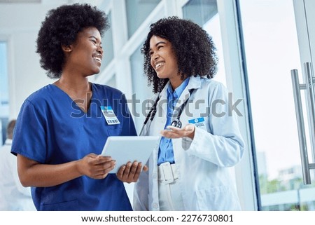Doctors, women and teamwork on tablet for hospital management, data analysis and research support. Clinic results, workflow planning and professional healthcare people, nurse or medical staff talking