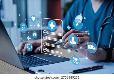 Doctors working on laptops with digital medical interface, health information system, telemedicine, electronic health records, medical technology, and modern healthcare innovation