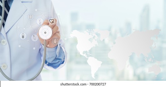 Doctor,stethoscope, medical connection for access to global medical treatment.