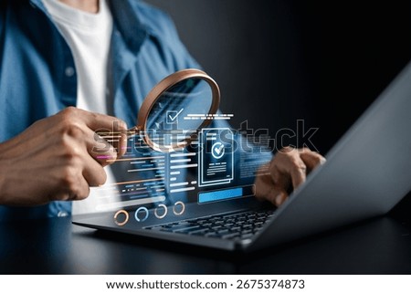 Document analysis, digital checklist, data verification, and online auditing person reviewing information on laptop using magnifying glass, accuracy, review, and validation.