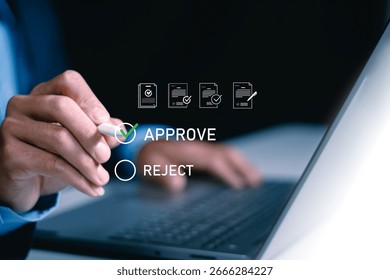 Document approval, checklist, certification, quality control concept, Businesswomen use tallets tick correct mark approval document, Quality management assurance, Pass inspection, accept approved