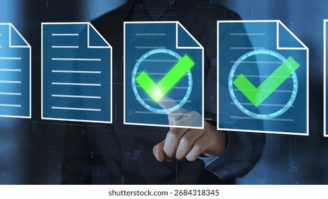 Document approval workflow. Manager giving an electronic approval. Checkmark on file icons.