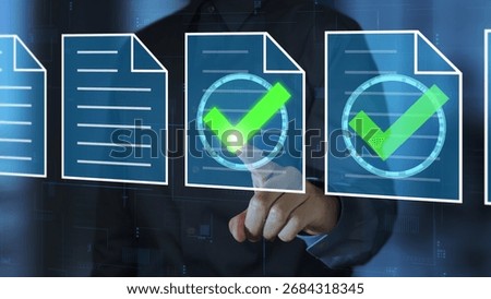 Document approval workflow. Manager giving an electronic approval. Checkmark on file icons.