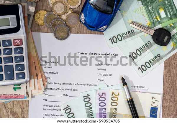 document - buying a car with euro money, toy car,\
calculator and  pen.