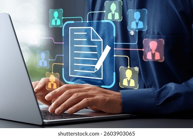 Document collaboration and file sharing. Team work and collaborative editing in document management solutions. Businessman using laptop computer for document synchronization.