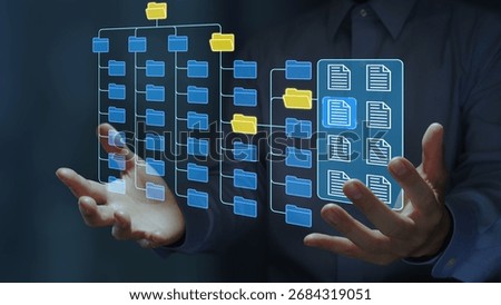 Document control and archive system. Document and record management. Business person holding file icon on folder structure.