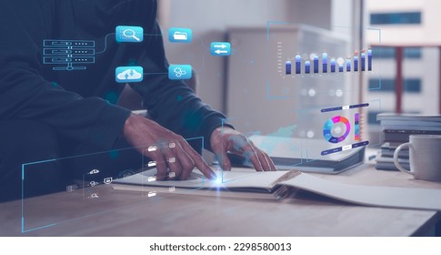 Document data system Report  HR technology Concept: Businessman Manager  checking  white documents reports papers with files folder and chart icons in office background